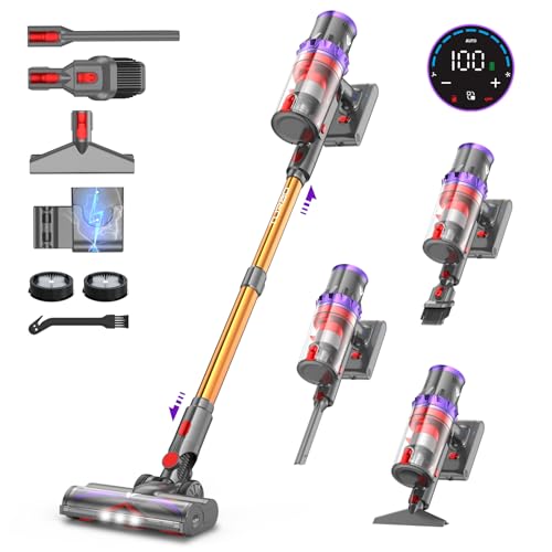 coovy SU7 Aspirateur balai sans fil 580 W/45 Kpa/70 minutes, aspirateur sans fil puissant, chargement mural, écrans tactiles LED, capacité 1,3 L, aspirateur balai pour sols durs/tapis/poils d'animaux