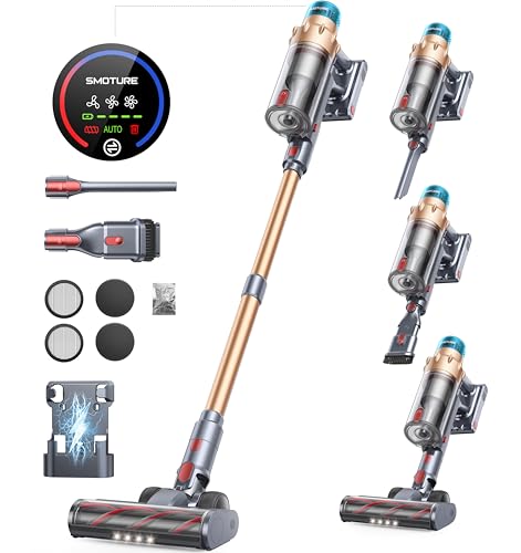 SMOTURE Aspirateur Balai Sans Fil, 550W/ 45KPA/60min Autonomie Aspirateur Balai Puissant et Silencieux, Chargement Mural, Parfumé, Écrans Tactiles Couleur, 1,5L, Aspirateur Sans Fil Nettoyage des Bords

