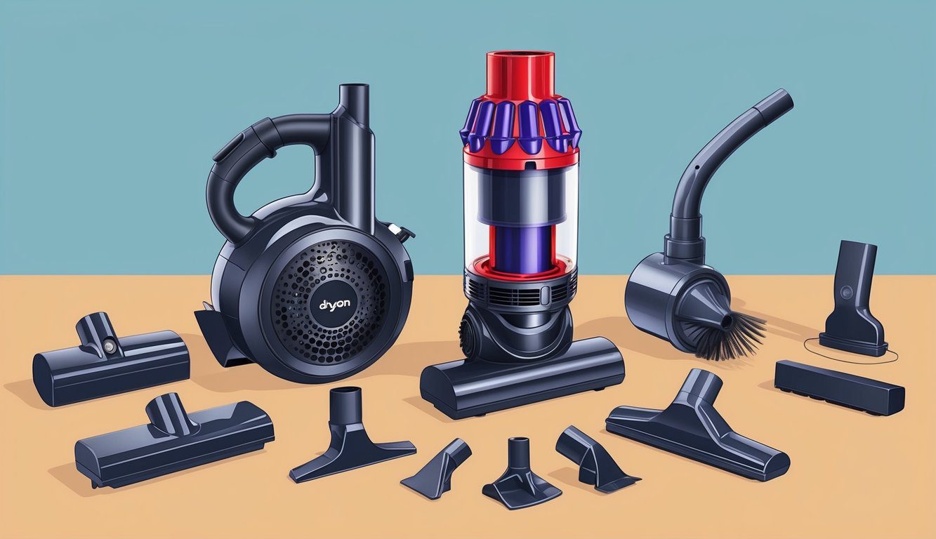 Un aspirateur Dyson démonté avec des pièces disposées pour la démonstration