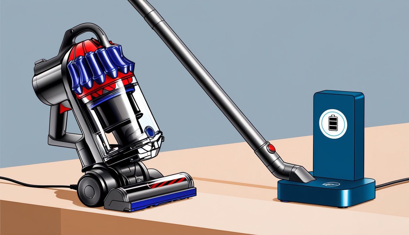 Un aspirateur Dyson V8 branché à une station de charge avec un symbole de maintenance de batterie affiché