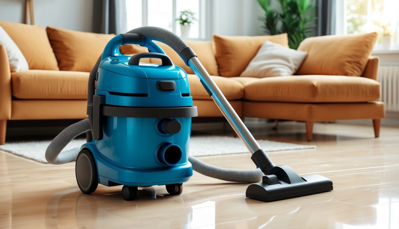 Un aspirateur inactif un dimanche, entouré de sols et de meubles propres.