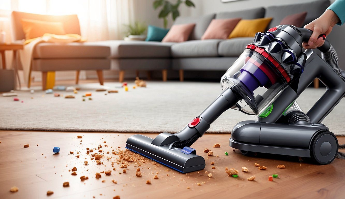 Un aspirateur Dyson fait une pause en nettoyant un salon en désordre, avec des miettes éparpillées et des poils d'animaux sur le sol.