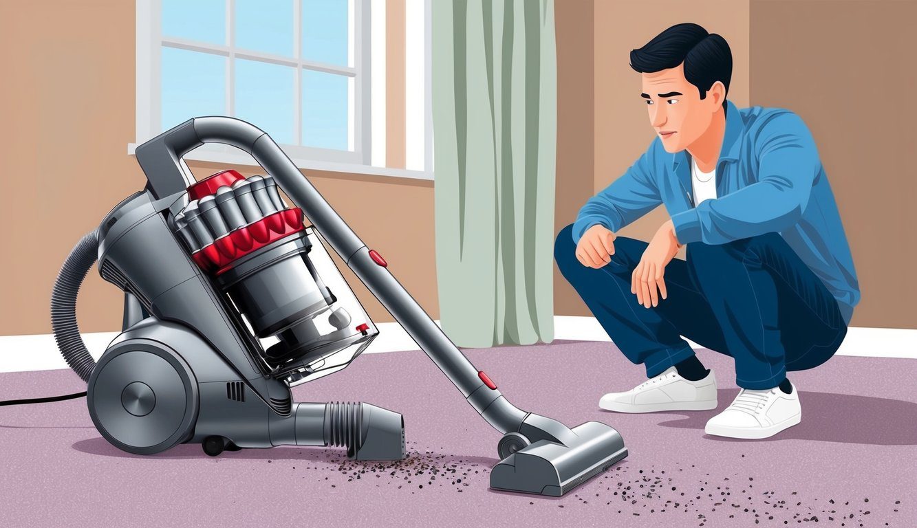 Un aspirateur Dyson s'arrêtant par intermittence pendant son utilisation, avec un utilisateur perplexe regardant la machine.