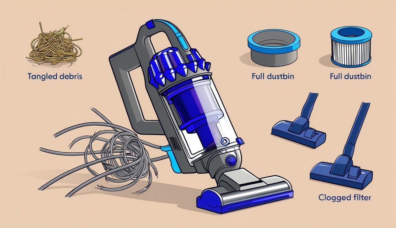 Une illustration d'un aspirateur Dyson s'arrêtant par intermittence avec diverses causes possibles l'entourant, telles que des débris emmêlés, un bac à poussière plein ou un filtre obstrué.