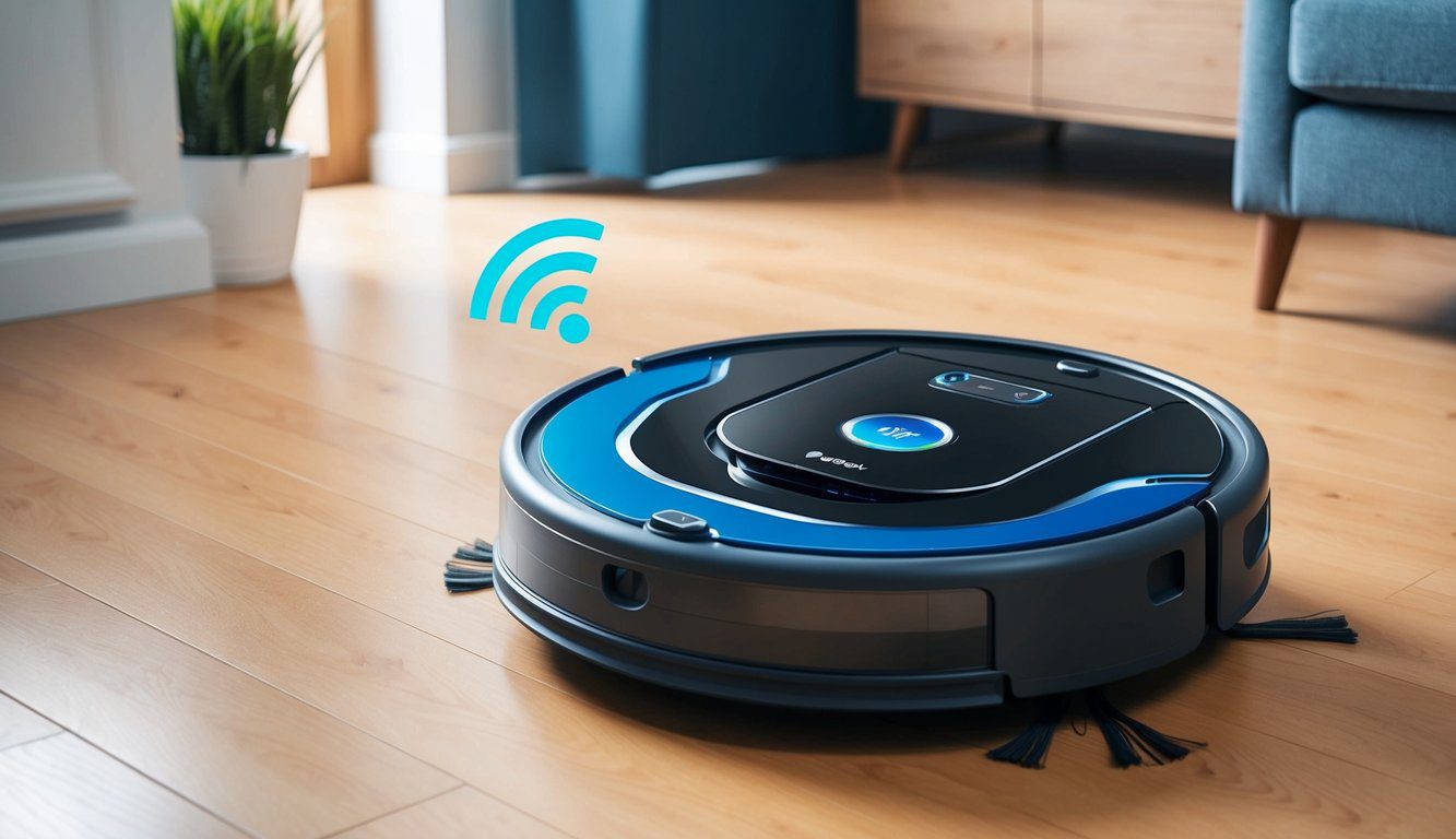 Un aspirateur robot reste inactif, ses lumières clignotant de frustration alors qu'il n'arrive pas à se connecter au réseau Wi-Fi.