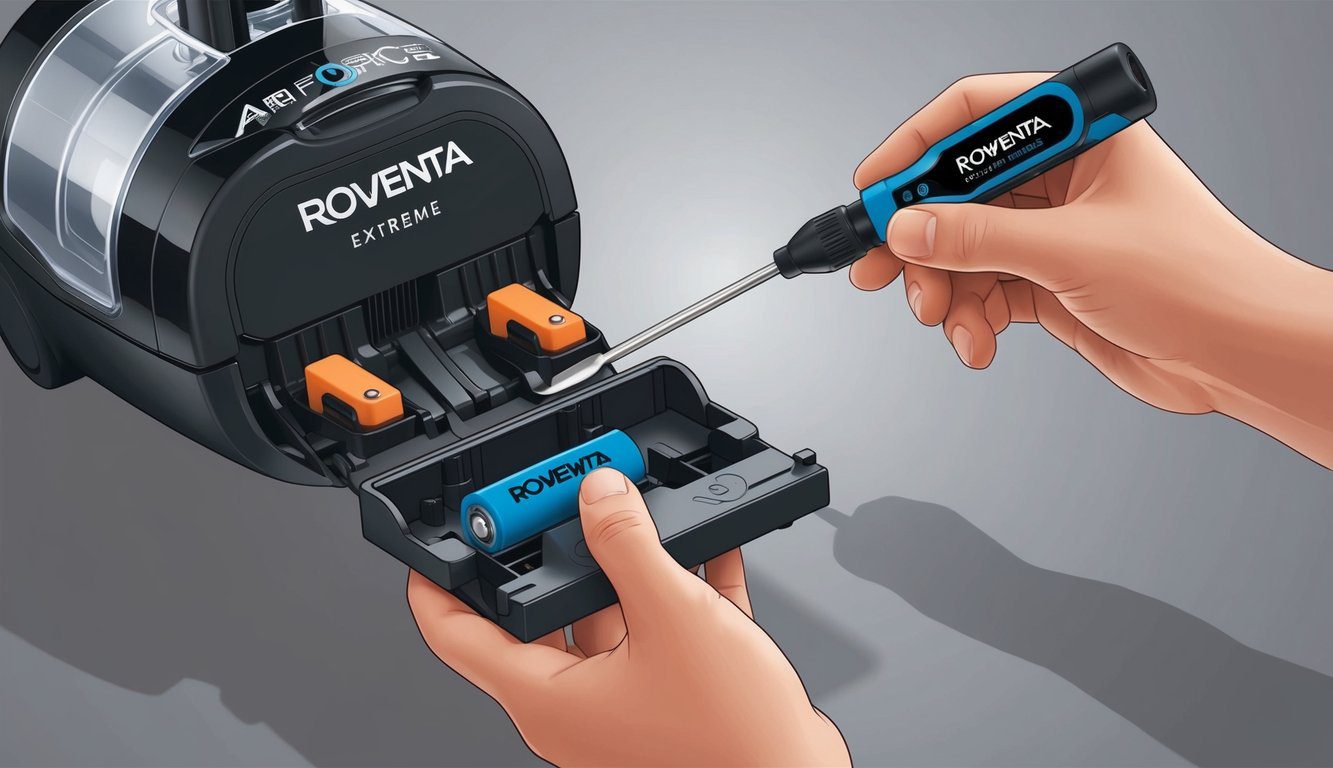 Une main tenant un tournevis retirant le compartiment de la batterie d'un aspirateur Rowenta Air Force Extreme 24V