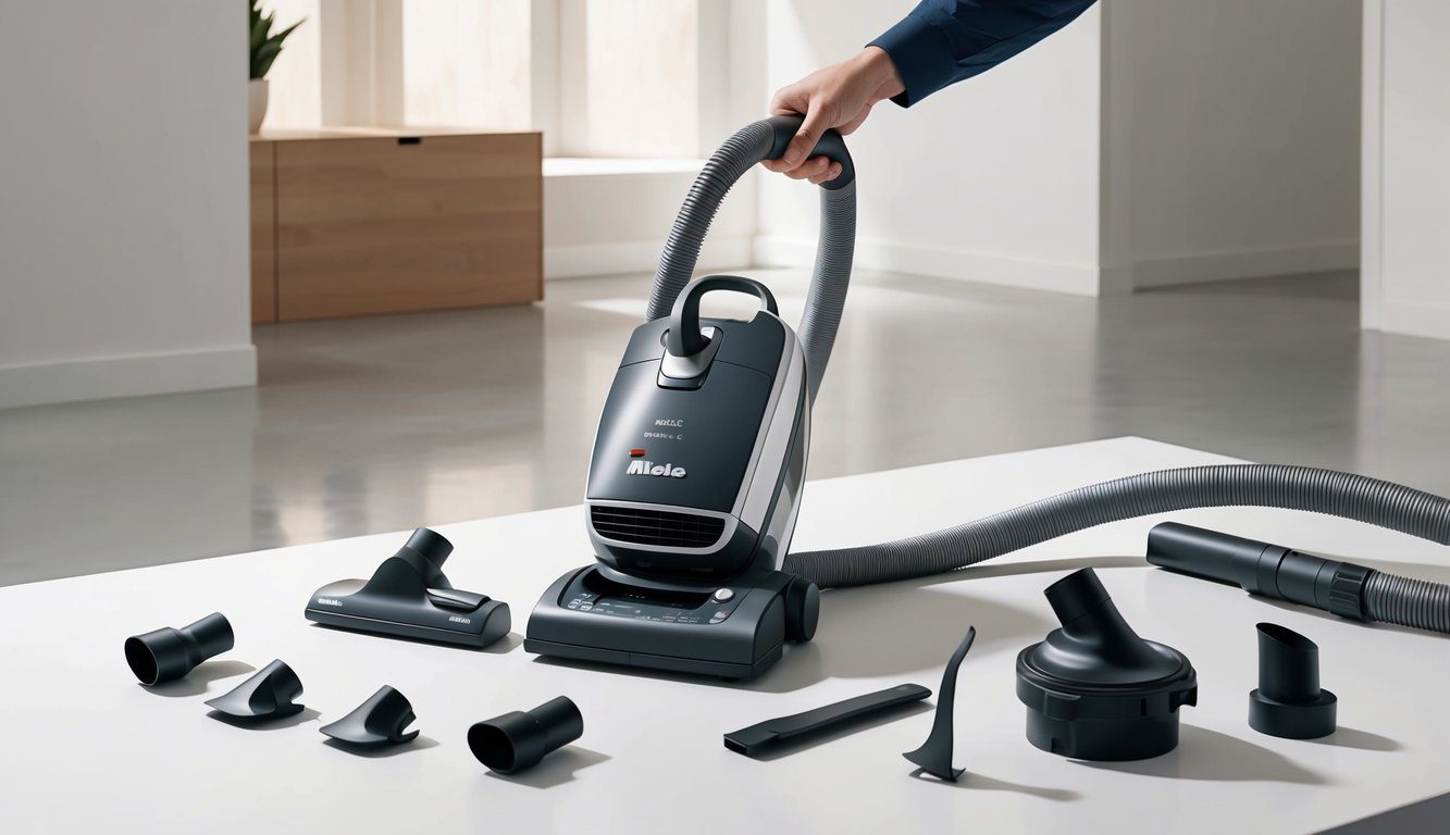 Un aspirateur Miele Complete C3 étant démonté sur une surface de travail propre et bien éclairée avec diverses pièces étalées autour.