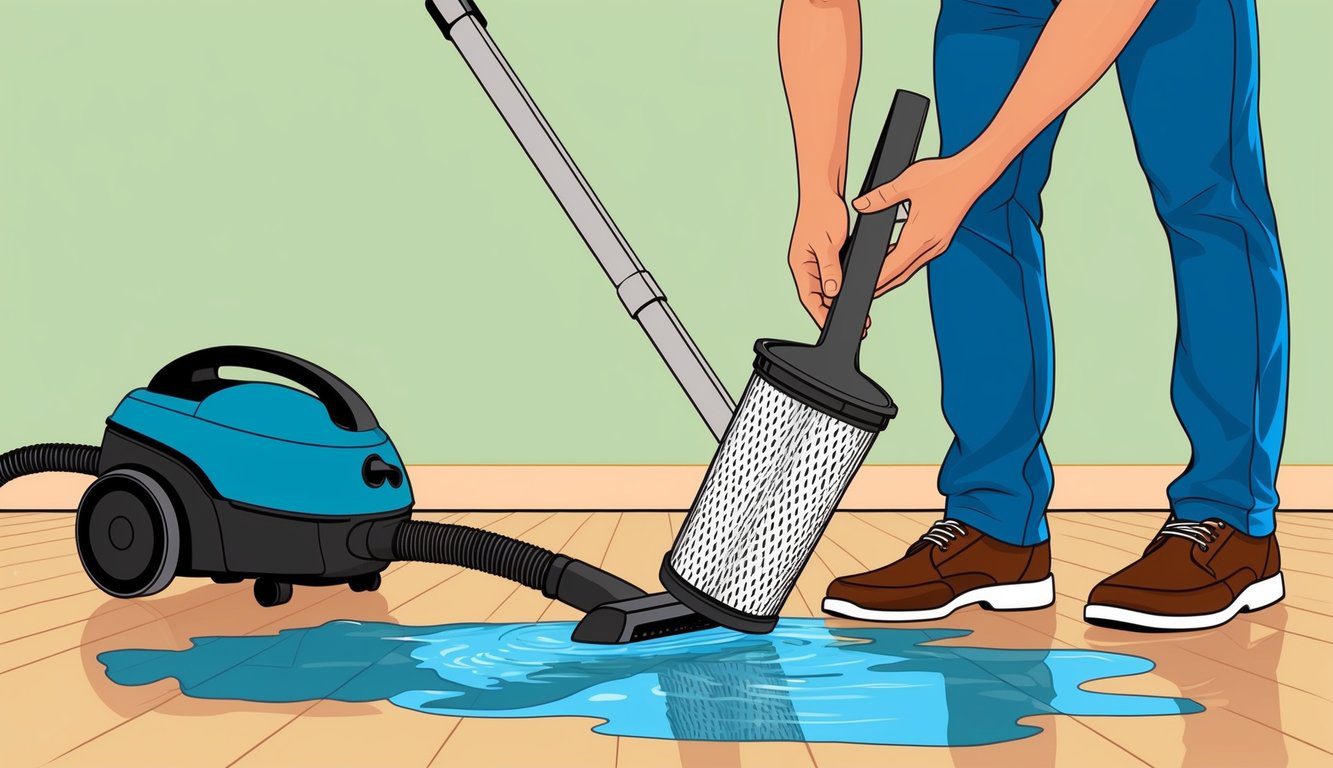 Une illustration d'une personne retirant le filtre d'un aspirateur pour nettoyer de l'eau renversée sur le sol