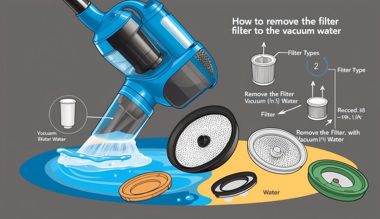 Une illustration d'un aspirateur avec différents types de filtres, montrant le processus de retrait du filtre pour aspirer de l'eau.