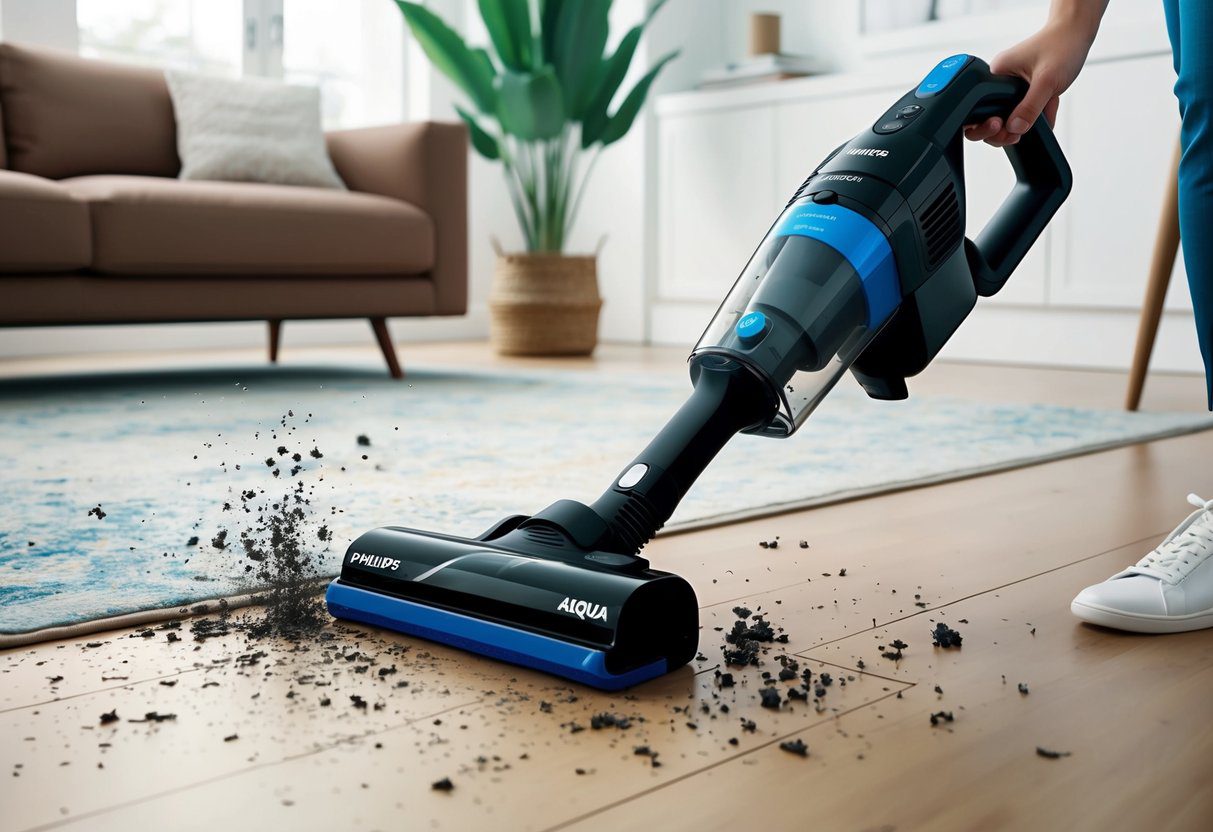 Un élégant aspirateur sans fil Philips Powerpro Aqua noir en action, nettoyant sans effort un sol en désordre.