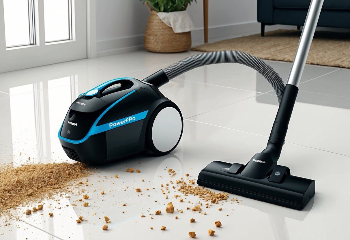 Un élégant aspirateur Philips Powerpro Aqua noir se tient sur un sol propre et brillant, entouré de miettes et de poussière éparpillées.