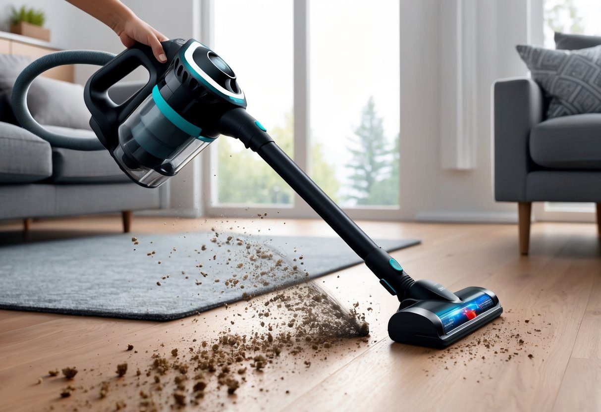 Un élégant aspirateur à main Philips Powerpro Aqua noir en action, nettoyant sans effort les débris et la poussière sur une variété de surfaces.