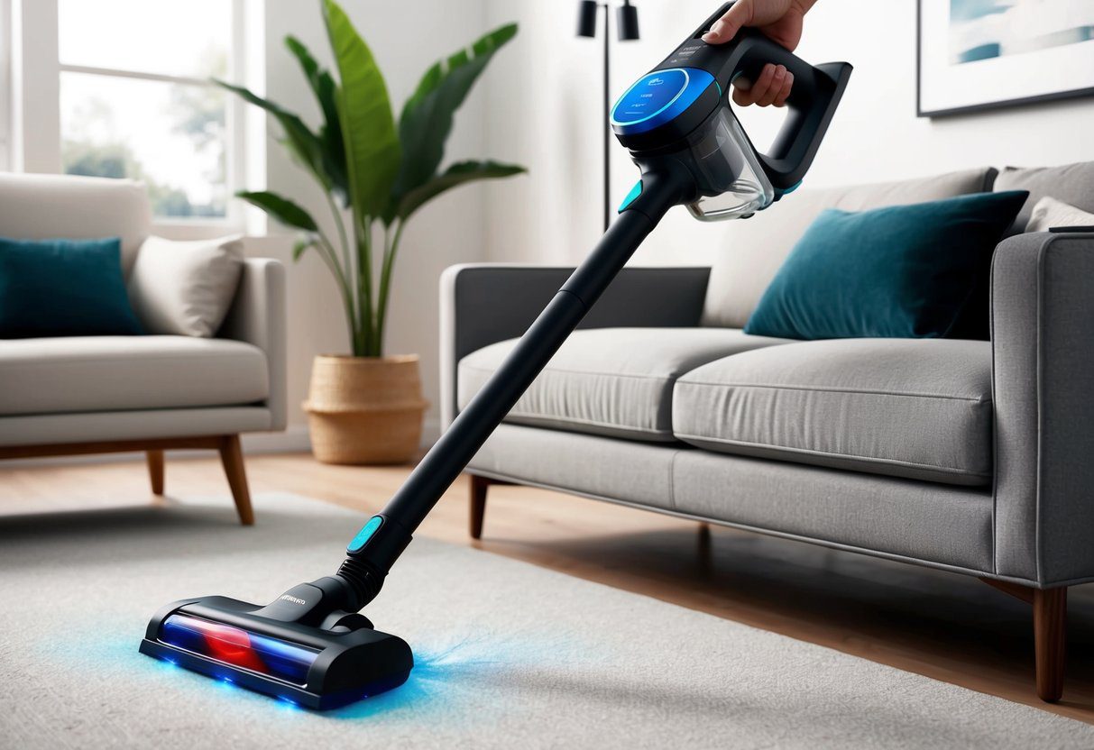 Un élégant aspirateur à main Philips Powerpro Aqua noir manœuvre sans effort autour des meubles et nettoie sans effort diverses surfaces.