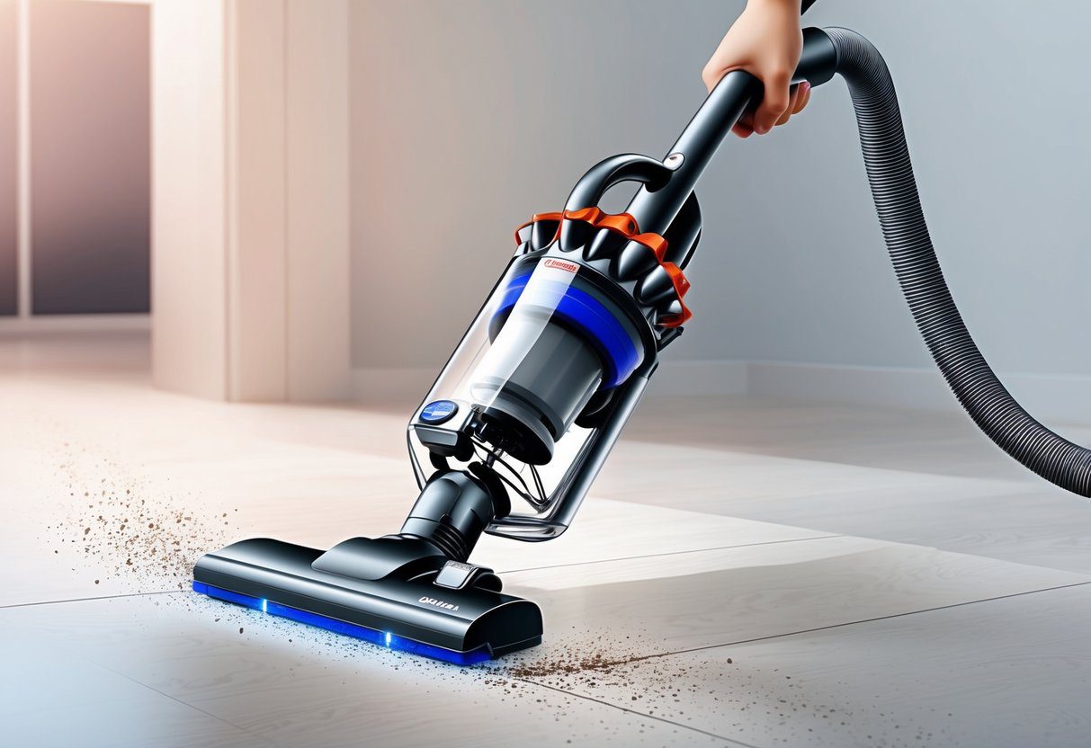 Un aspirateur élégant et moderne en action, glissant sans effort sur différentes surfaces avec une puissante aspiration vortex.