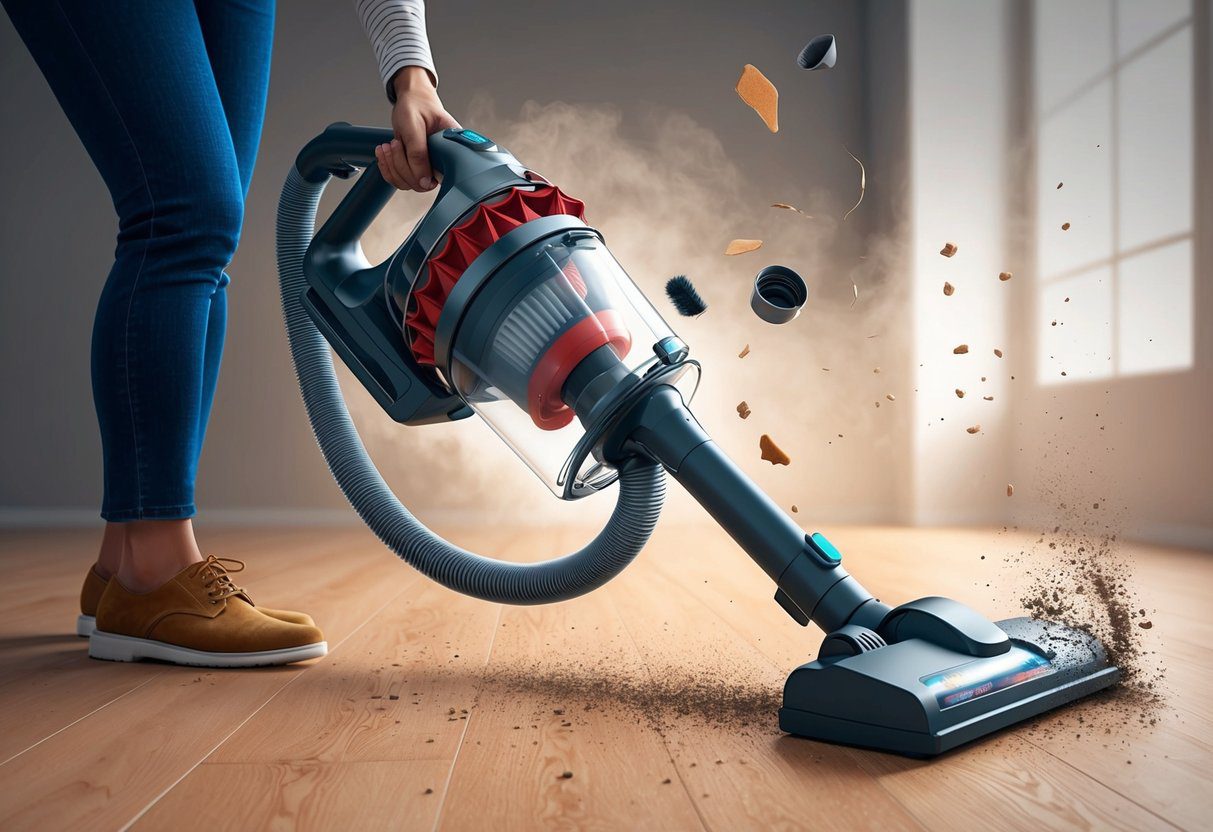 Un aspirateur à vortex en action, capturant la poussière et les débris avec une aspiration puissante et une performance efficace.