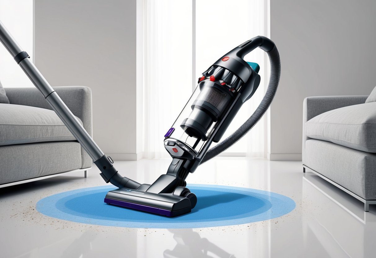 Un aspirateur élégant et moderne avec des composants détachables et une puissance d'aspiration élevée, entouré d'un environnement propre et dégagé.