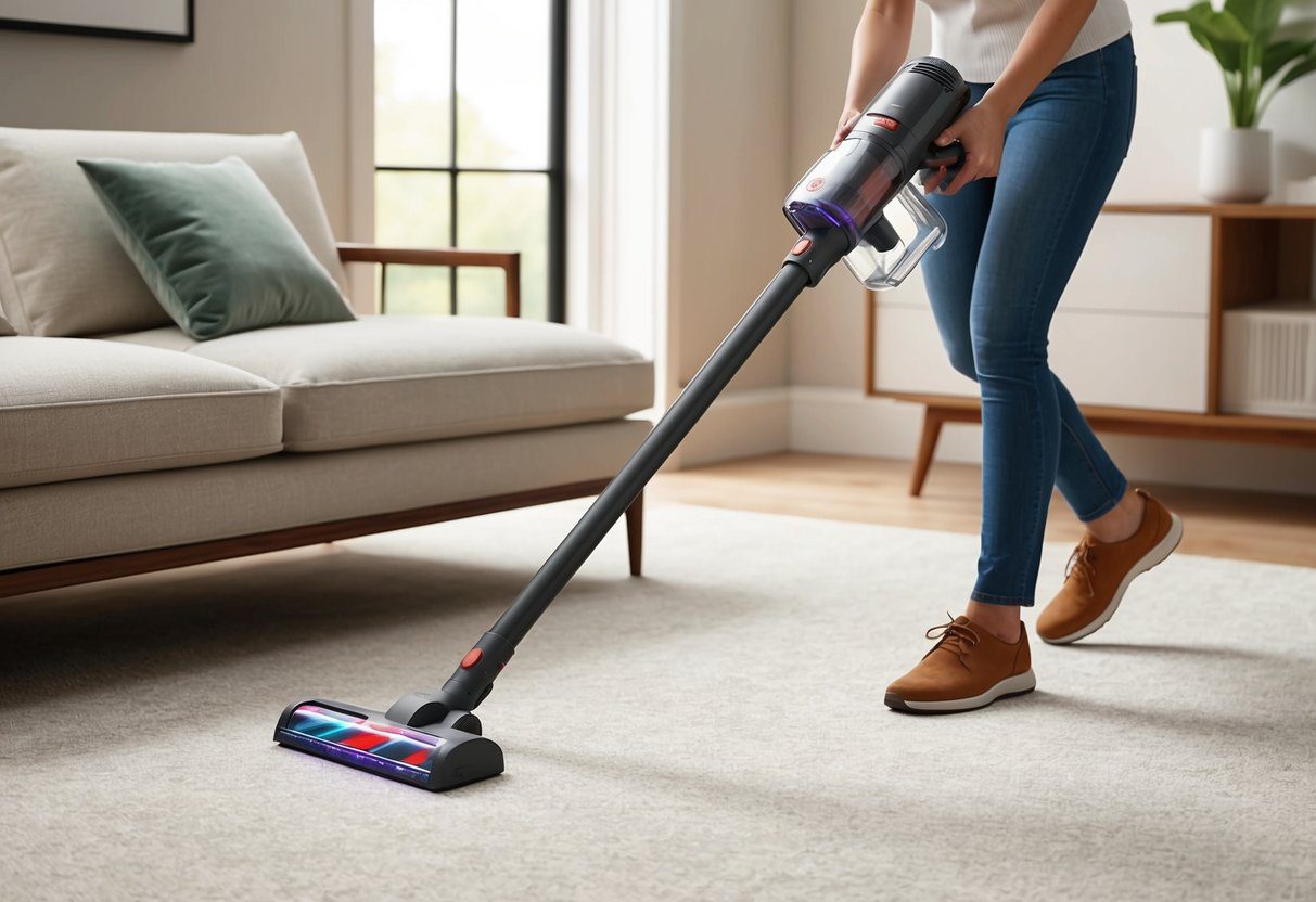 Un aspirateur balai sans fil Rowenta RH6820WO polyvalent en action, manœuvrant sans effort autour des meubles et atteignant les espaces étroits pour un nettoyage en profondeur.