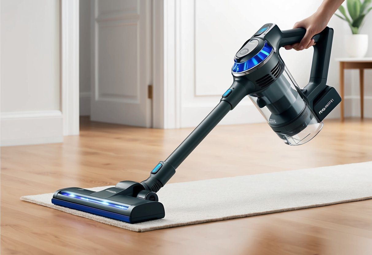 Un élégant aspirateur sans fil Rowenta YY5354FE 12.60 Flex Auto RH98A8WO en action, glissant sans effort sur un sol propre.