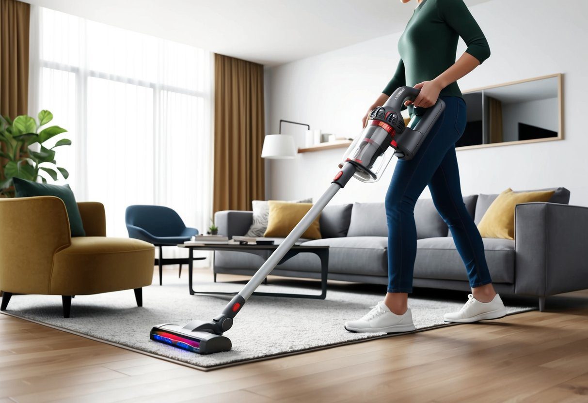 Un salon moderne avec l'aspirateur sans fil Rowenta X-Force Flex 15.60 RH99F1WO en action, nettoyant le sol sans effort.