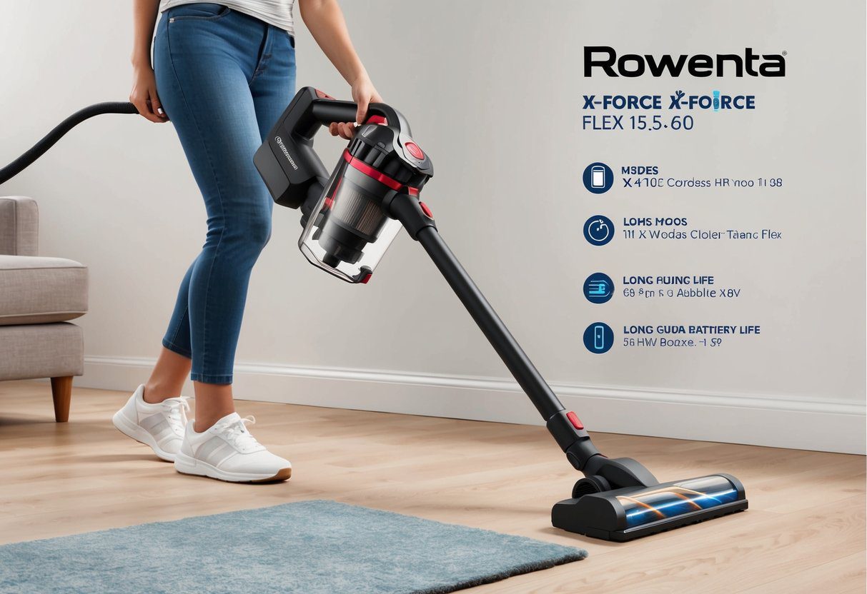 Un aspirateur sans fil Rowenta X-Force Flex 15.60 RH99F1WO en utilisation, mettant en avant ses différents modes et sa longue durée de vie de la batterie.