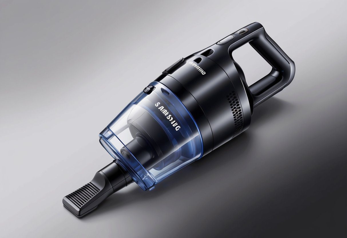 Une vue de dessus de l'aspirateur Samsung Jet 60 Turbo, mettant en valeur son design élégant et ses fonctionnalités puissantes