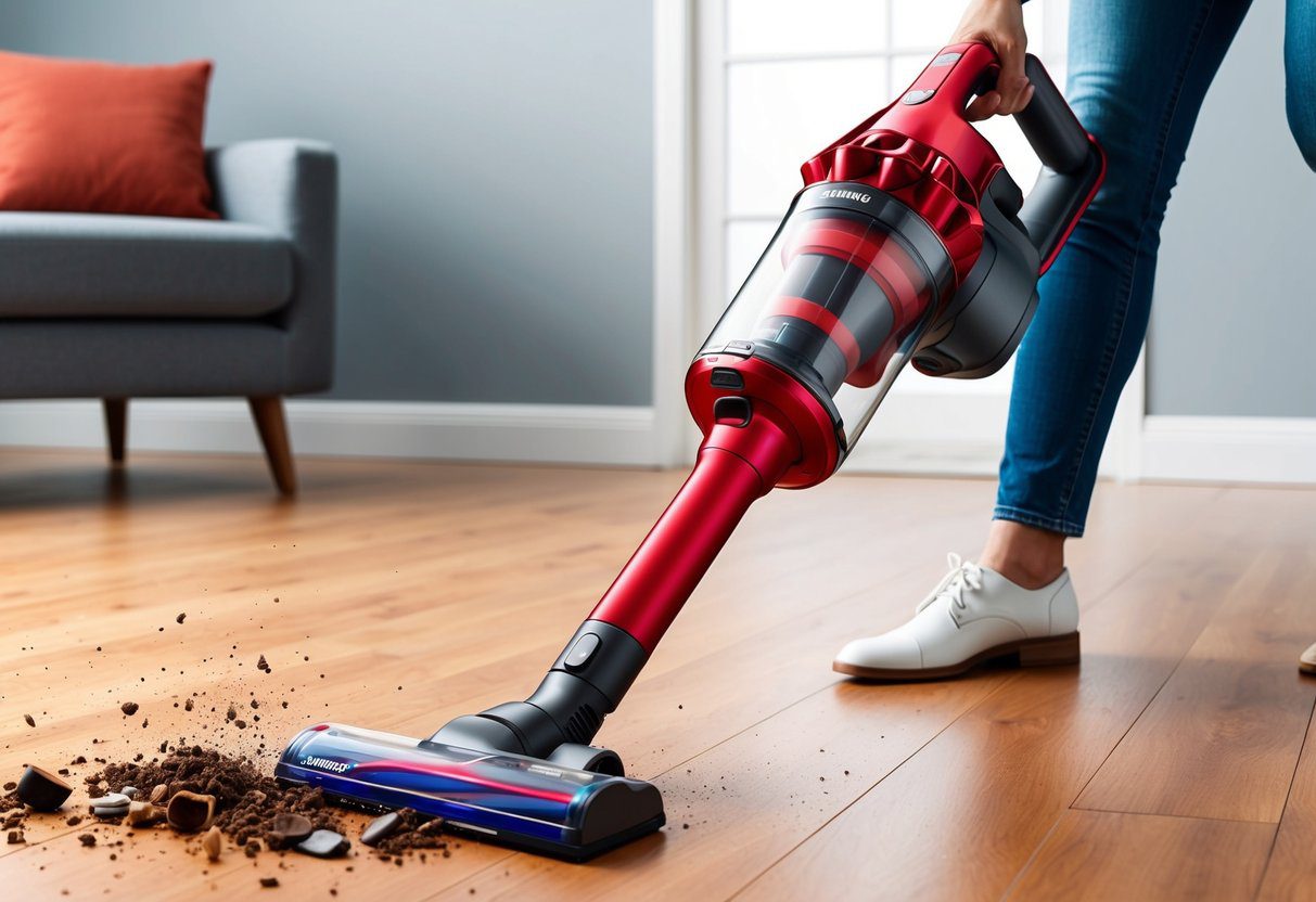 Un aspirateur sans fil Samsung Jet 60 Turbo rouge élégant en action, nettoyant sans effort les débris sur un sol en bois.