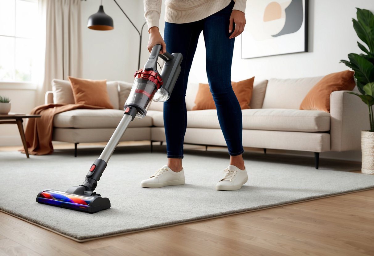 Une personne utilisant l'aspirateur sans fil Essentiel B sur diverses surfaces dans un cadre domestique