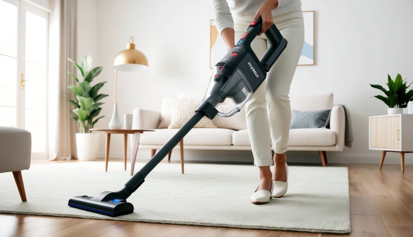 Un aspirateur sans fil Fagor Premium de 300W utilisé et entretenu dans une pièce propre et bien éclairée avec des meubles et un sol.