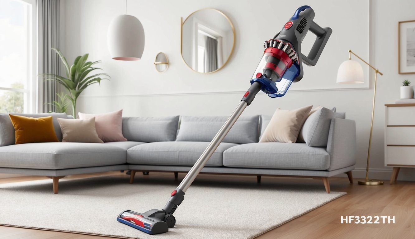 Un aspirateur sans fil Hoover HF322TH dans un salon moderne et bien rangé