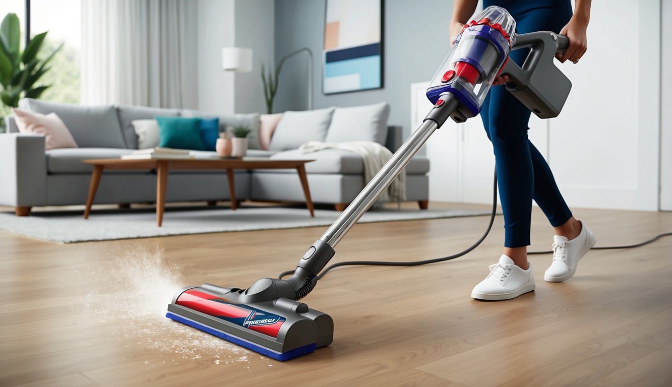 Un aspirateur sans fil Hoover HF322TH élégant en action, glissant sans effort sur le sol d'un salon moderne.