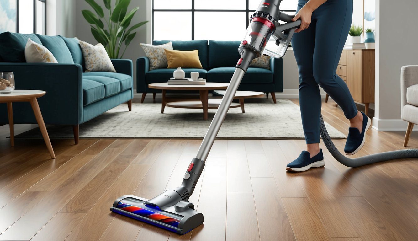 Un élégant aspirateur sans fil Shark Detect Pro IW1611EU en action, nettoyant sans effort un salon moderne avec des sols en bois franc et des meubles élégants.