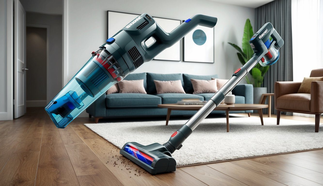 Un élégant aspirateur sans fil Shark Detect Pro IW1611EU nettoyant sans effort un salon moderne