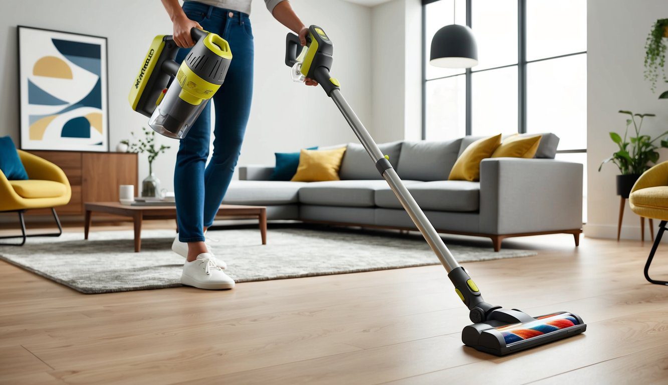 Un salon moderne avec un aspirateur sans fil Kärcher VC 7 en action, nettoyant sans effort le sol.