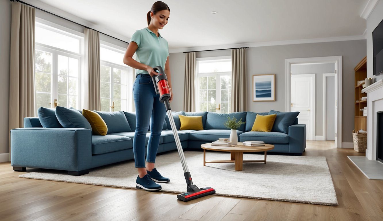 Un aspirateur sans fil Kärcher VC7 nettoie sans effort un salon spacieux, mettant en avant sa performance puissante et sa longue durée de vie de batterie.