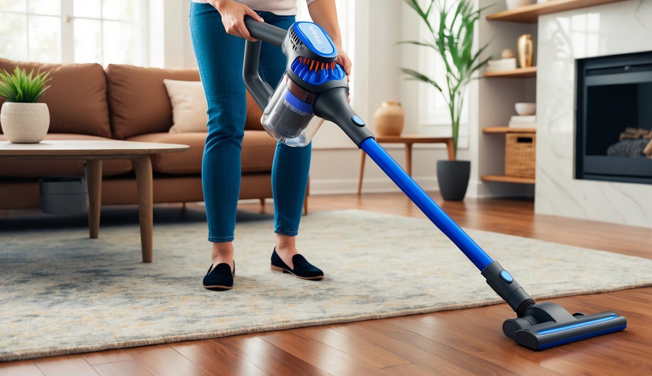 Une personne utilisant un aspirateur sans fil Klindo pour nettoyer le sol d'un salon.