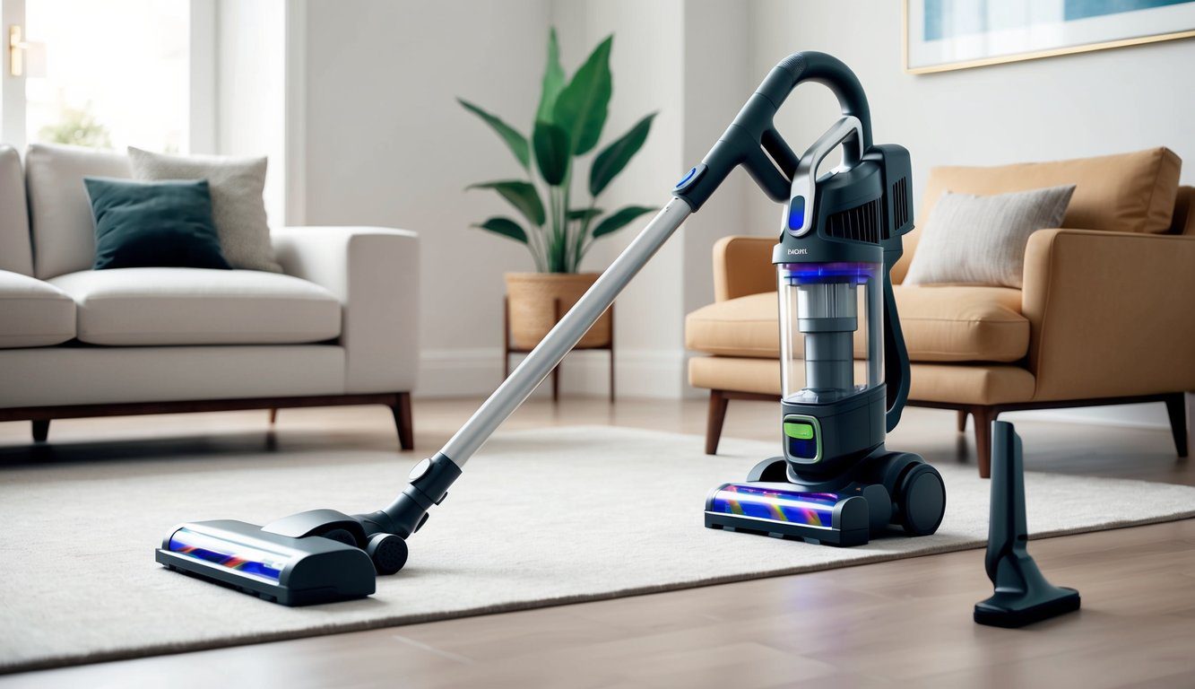 Un aspirateur sans fil moderne et élégant de Klindo, avec un dock de chargement et divers accessoires, placé dans un salon bien rangé.