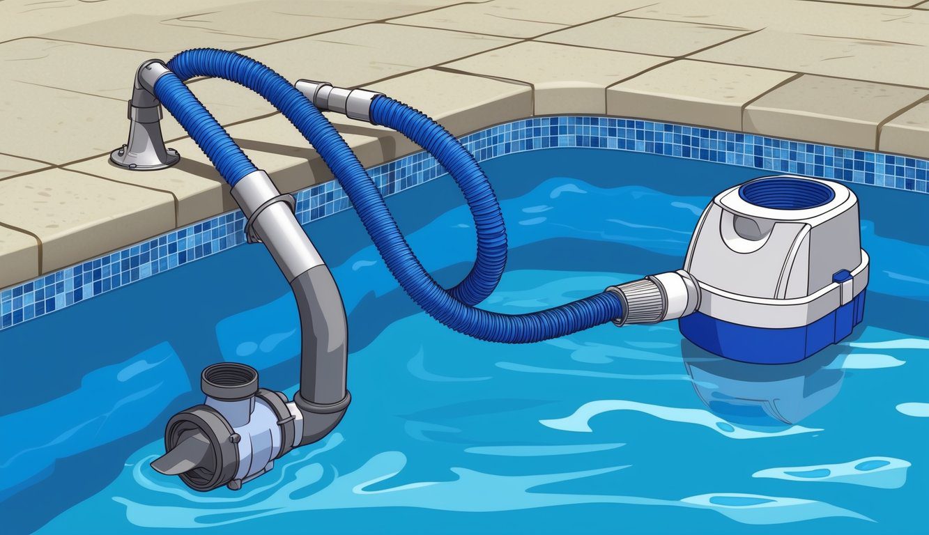 Un tuyau d'aspirateur de piscine se connecte à une pompe de piscine avec un attachement sécurisé, tandis que l'autre extrémité est submergée dans l'eau.