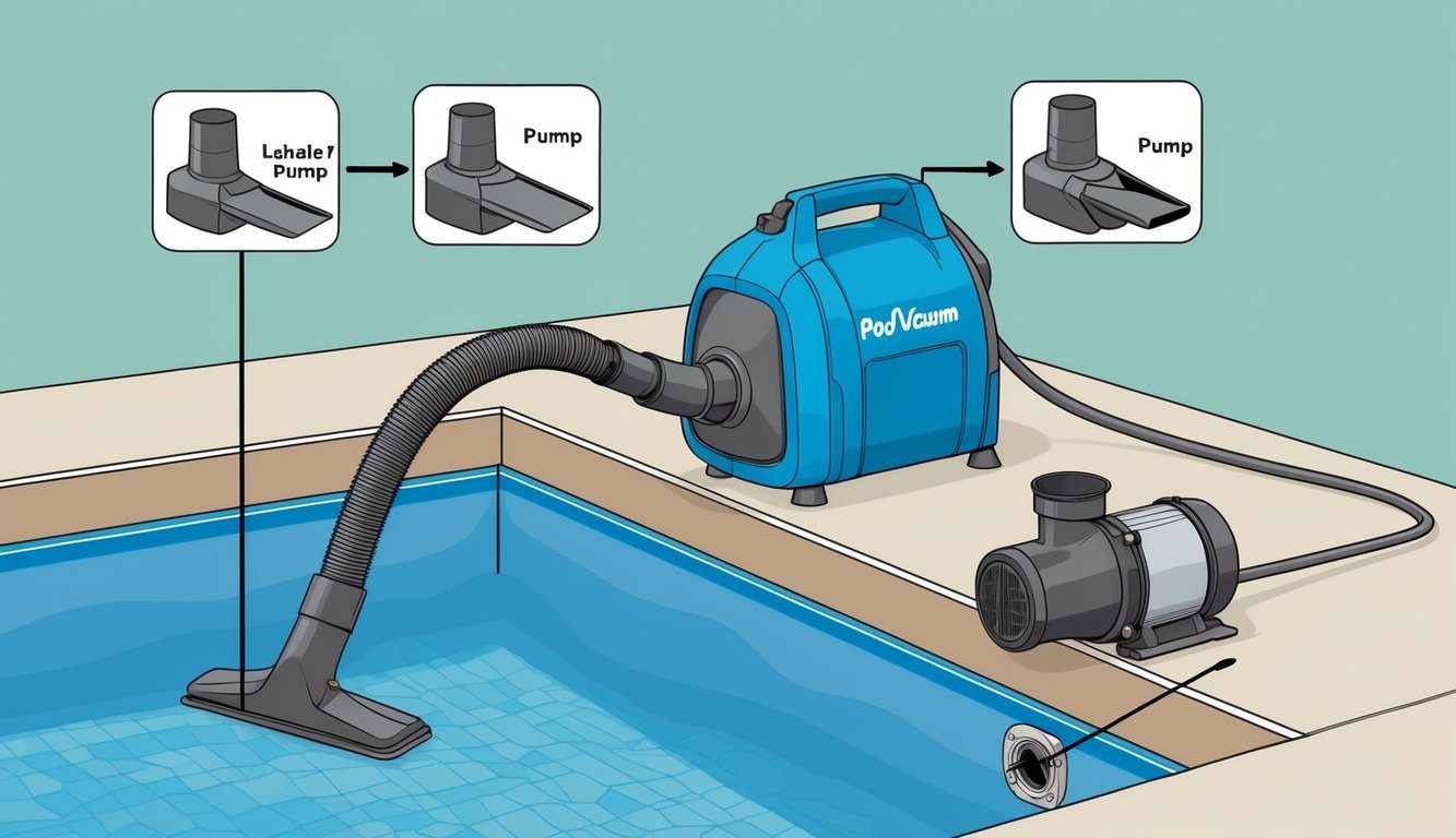 Une illustration d'un aspirateur de piscine étant connecté à une pompe avec des instructions claires et des pièces étiquetées.