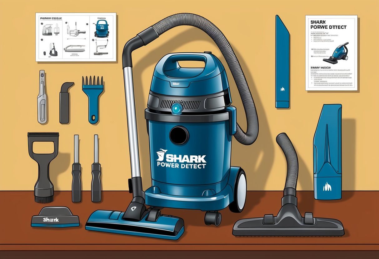 Un aspirateur Shark Power Detect présenté avec des outils d'entretien et des instructions