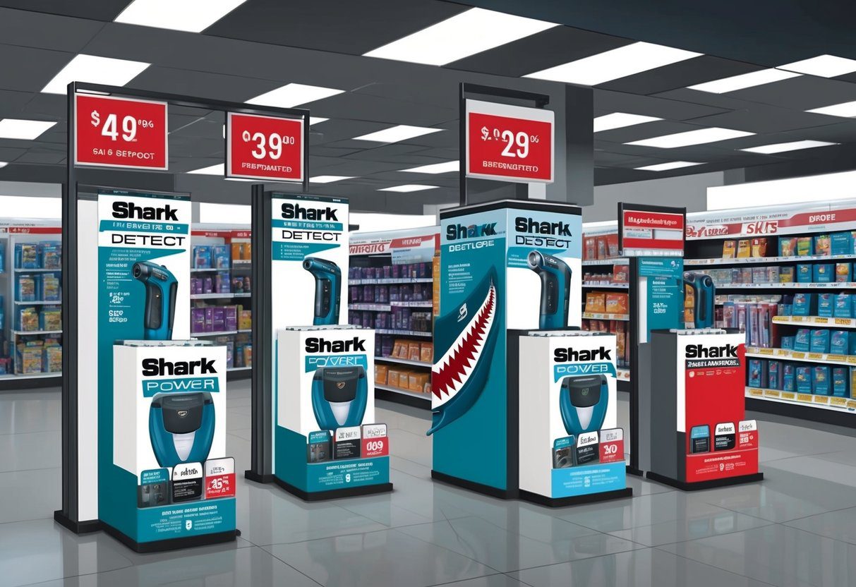 Produit Shark Power Detect affiché dans divers points de vente avec des étiquettes de prix