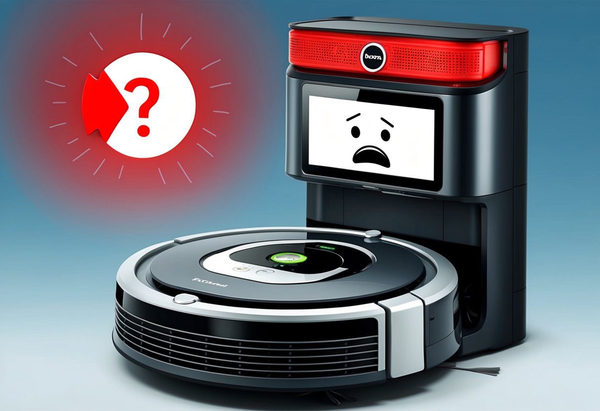 Un aspirateur robot Roomba avec une lumière d'erreur rouge clignotante et une expression perplexe sur son écran d'affichage.