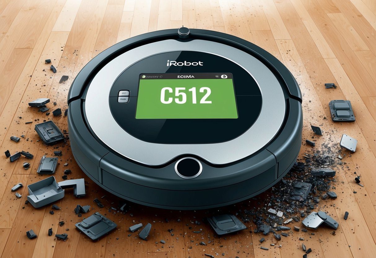 Un iRobot Roomba cassé avec le code d'erreur c512 affiché sur son écran, entouré de débris éparpillés sur le sol.