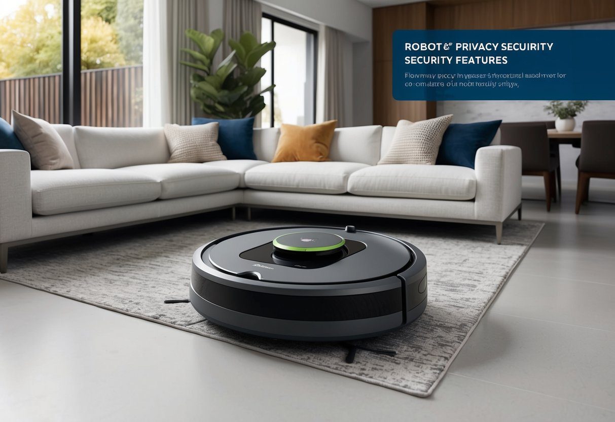 Un iRobot Roomba élégant naviguant dans un salon moderne, avec un accent sur les fonctionnalités de confidentialité et de sécurité.