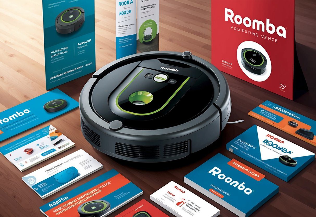 Un robot aspirateur Roomba entouré de divers supports publicitaires et de marketing