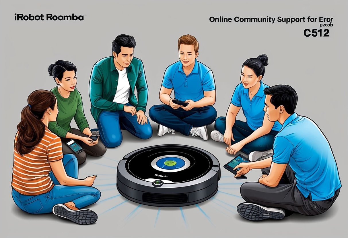 Un groupe de personnes s'est rassemblé autour d'un iRobot Roomba défectueux, cherchant un soutien communautaire en ligne pour le code d'erreur c512.