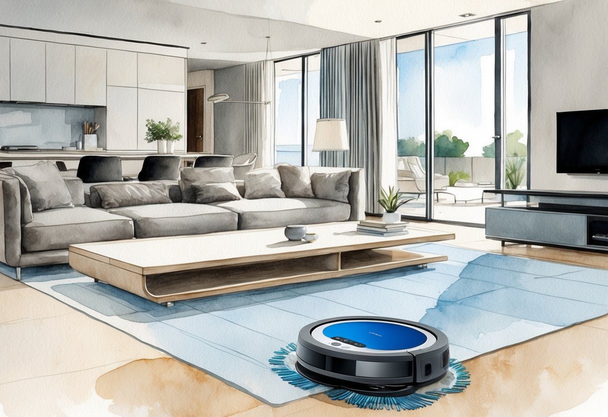 Un robot aspirateur qui nettoie le sol dans un salon moderne avec des meubles élégants et une décoration minimaliste.