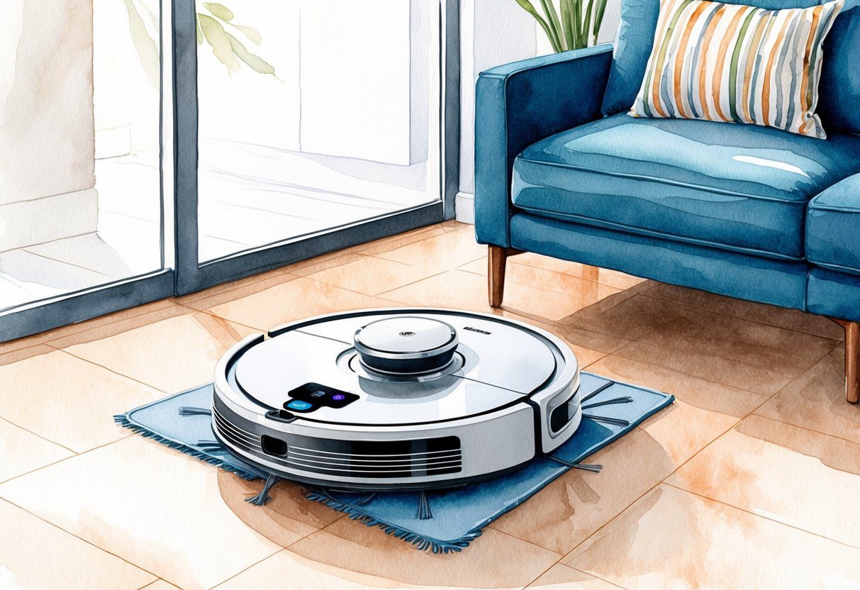 Un robot aspirateur et balai nettoyant le sol, avec un design élégant et une technologie moderne