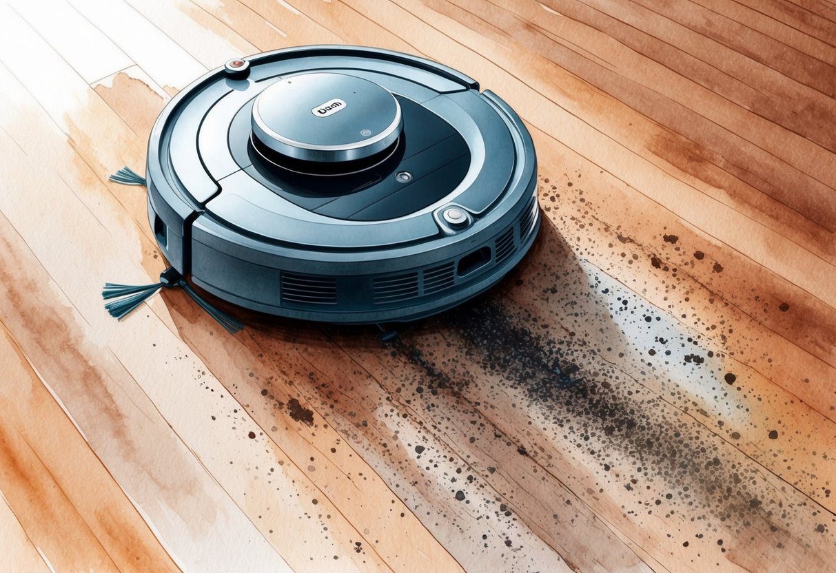 Un aspirateur robot avec fonction de lavage nettoyant les débris et la poussière sur un sol en bois dur