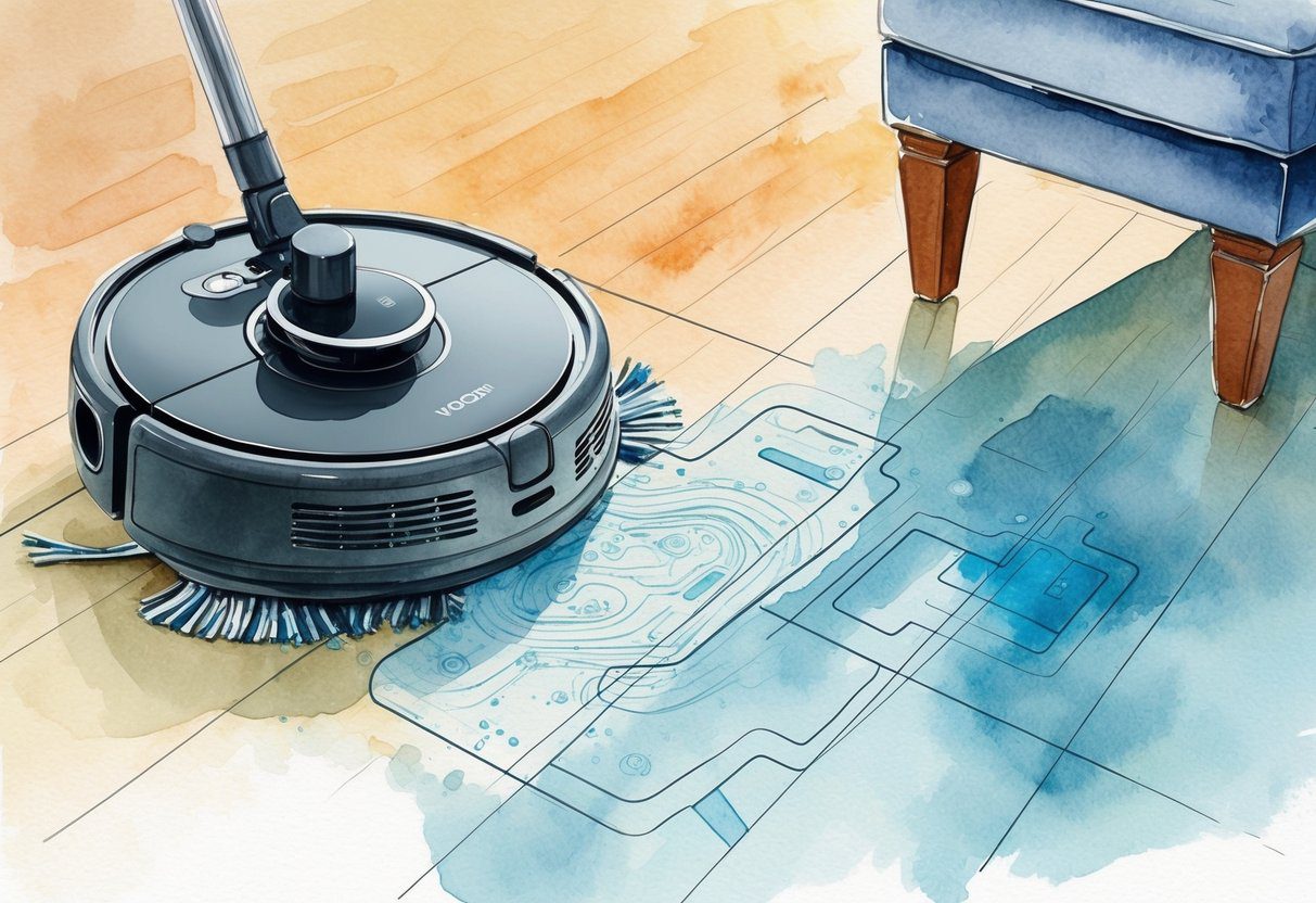 Un robot aspirateur qui nettoie le sol tout en cartographiant son environnement pour une navigation intelligente.