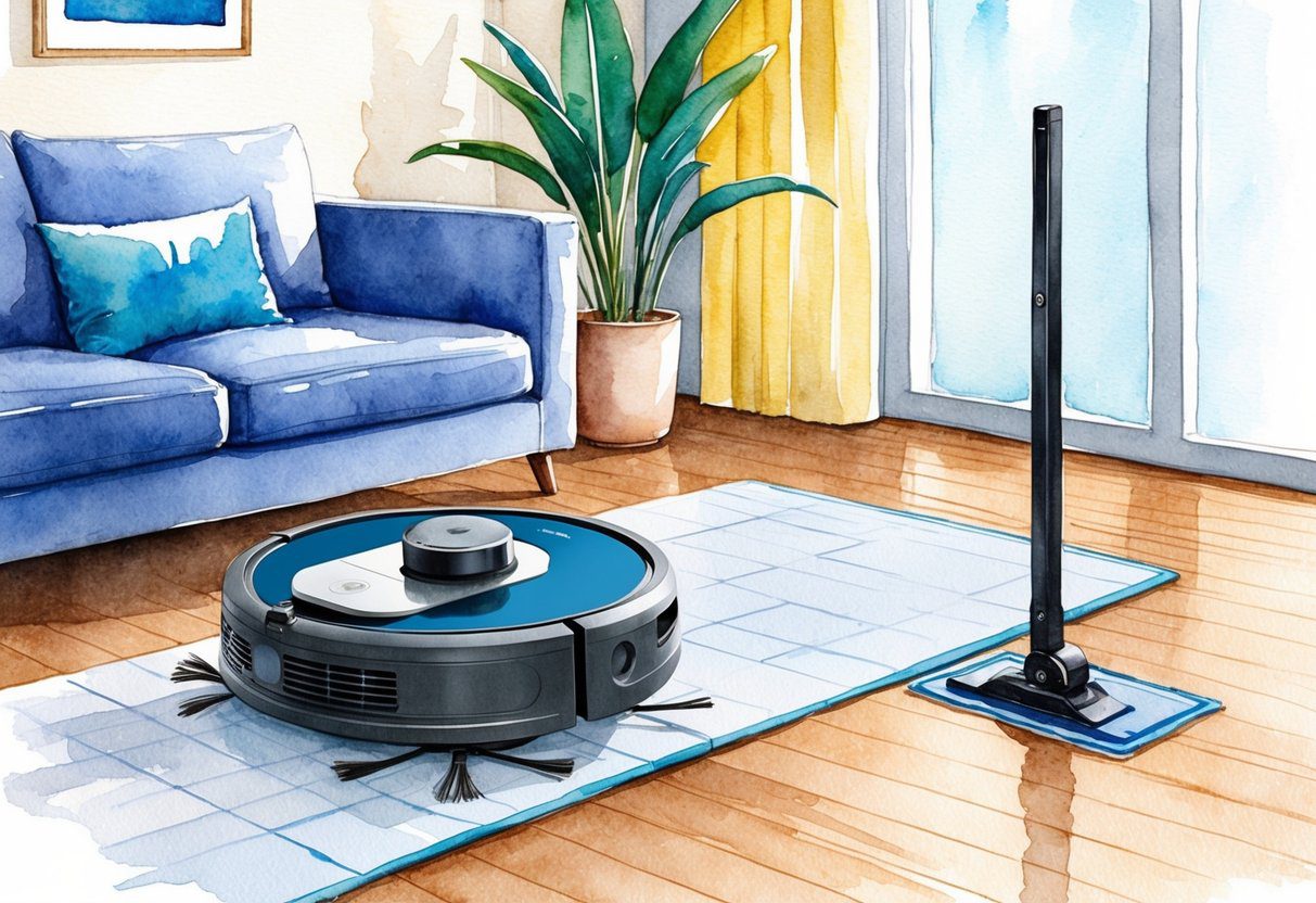 Un aspirateur et nettoyeur robotisé est montré en action, nettoyant et naviguant dans une pièce avec précision et efficacité.